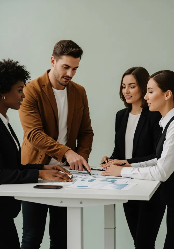 Consultores reunidos analisando opções financeiras